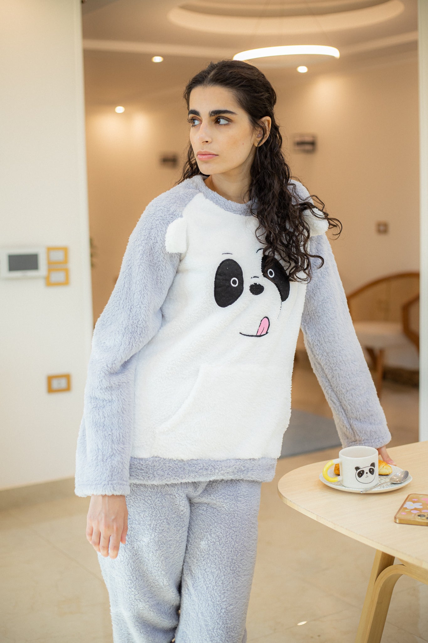 طقم بيجامة لوفرل نسائية بأكمام طويلة من الفرو Cute Panda