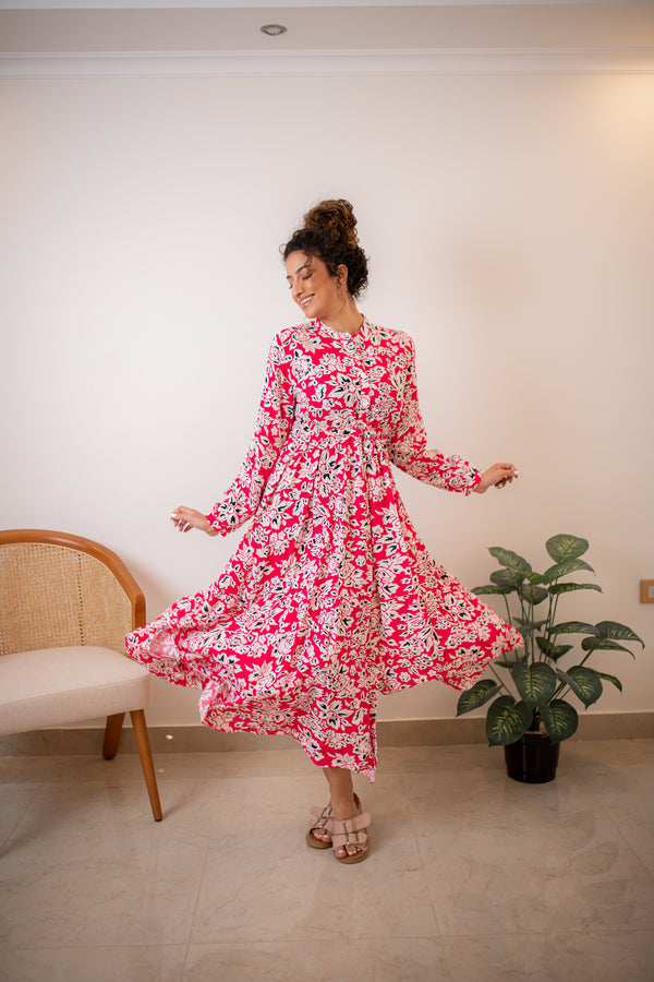 Fuchsia Patterned Dress With A Waist Belt - Instyle