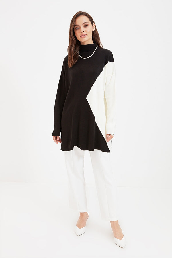 Black Color Block Knitwear Sweater - Trendyolmilla