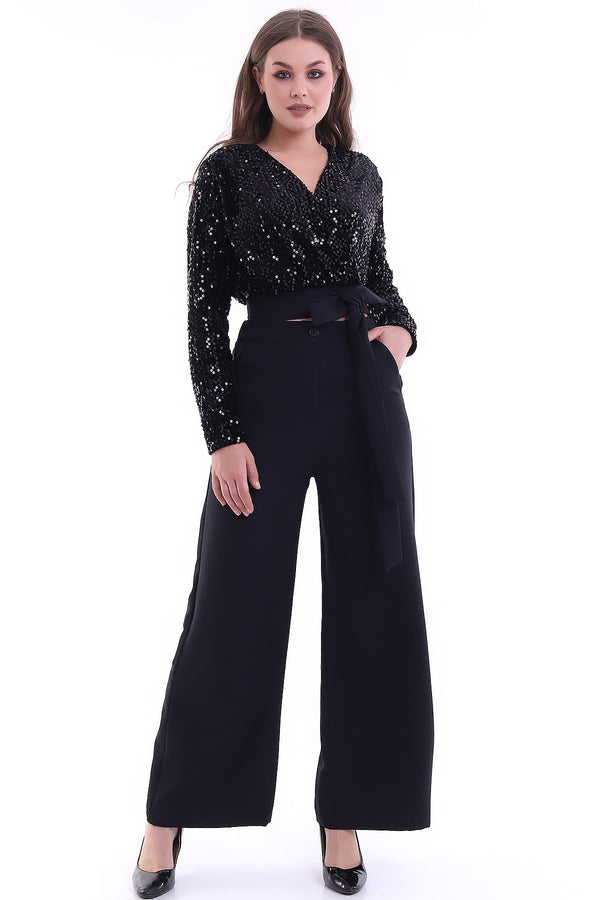 Kadın Yüksek Bel Pantolon Pul Payetli Yan Bağlamalı Bluz İkili Takım
