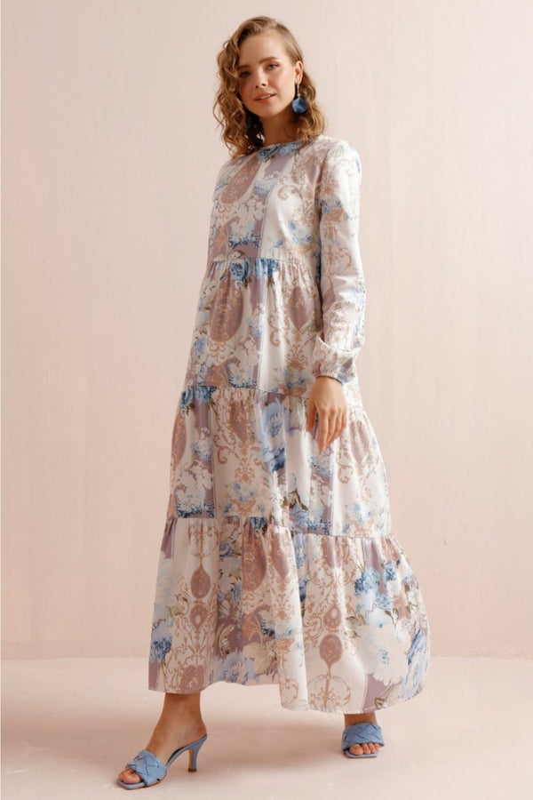 Soft Blue Floral Tiered Dress - Ceylan Otantik