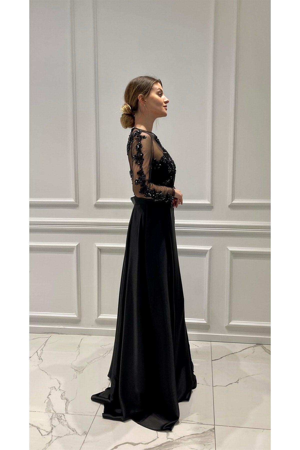 Transparent Back Detailed Satin Evening Dress PN:6024150 Trendyol Modest
