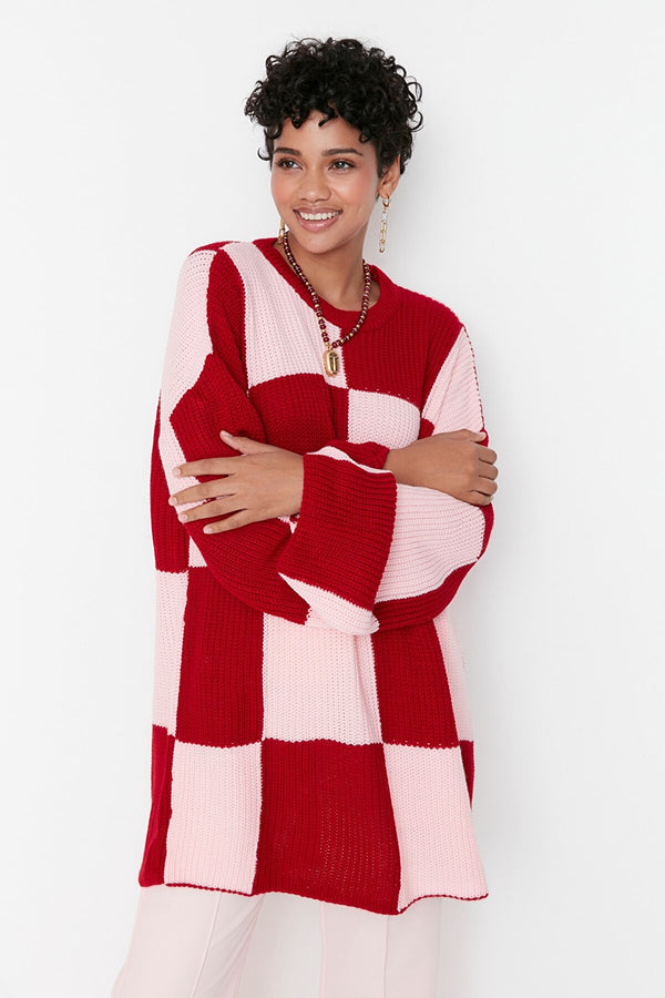Red Pink Checkers Pattern Crew Neck Knitwear Sweater - Trendyol Modest