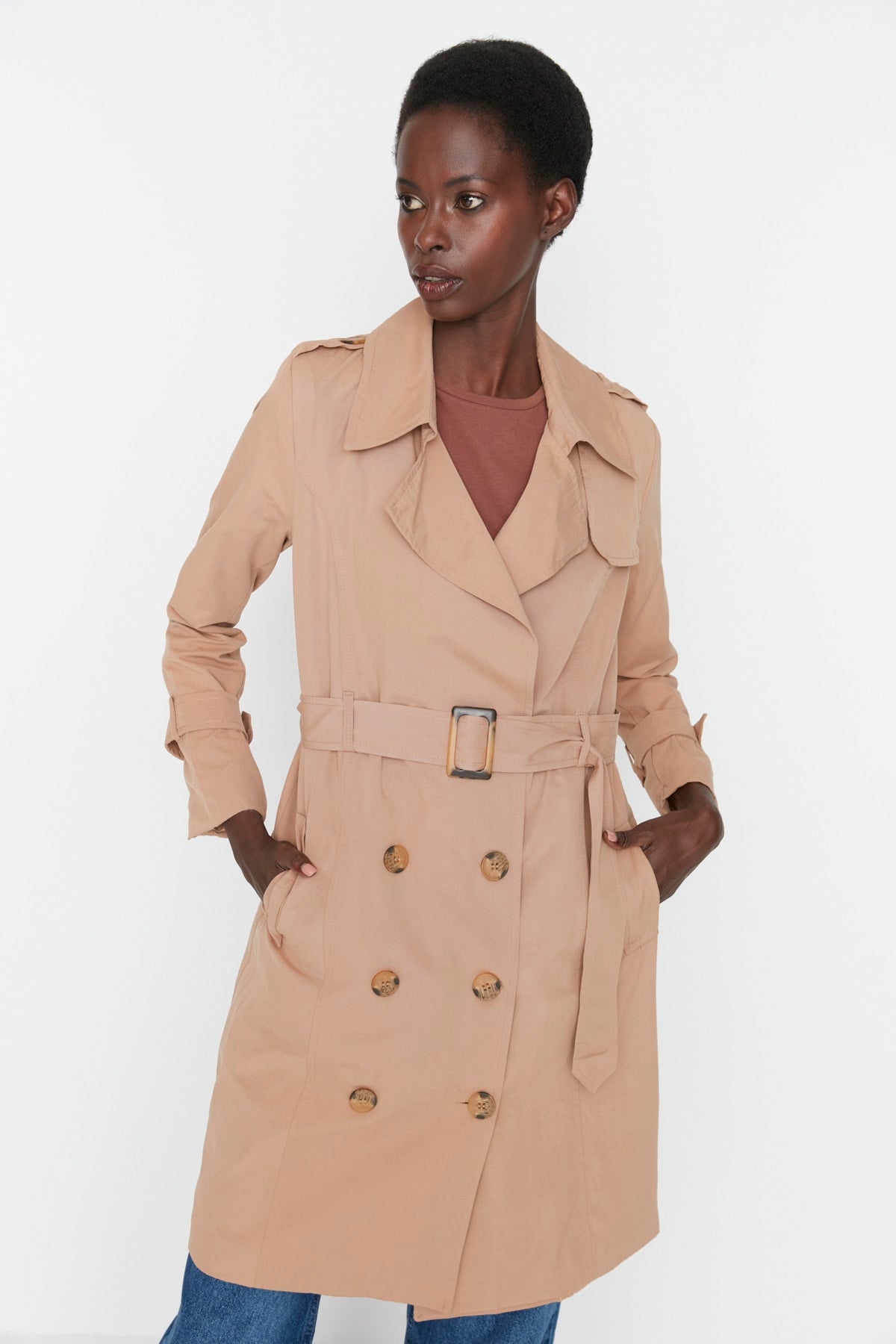 Camel Belted Windbreaker Detailed Long Trench Coat TWOSS21TR0020 PN:6028229