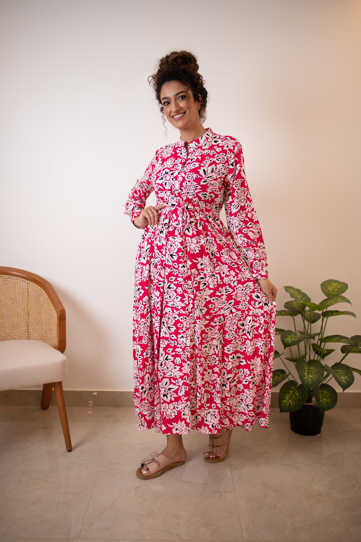 Fuchsia Patterned Dress With A Waist Belt - Instyle