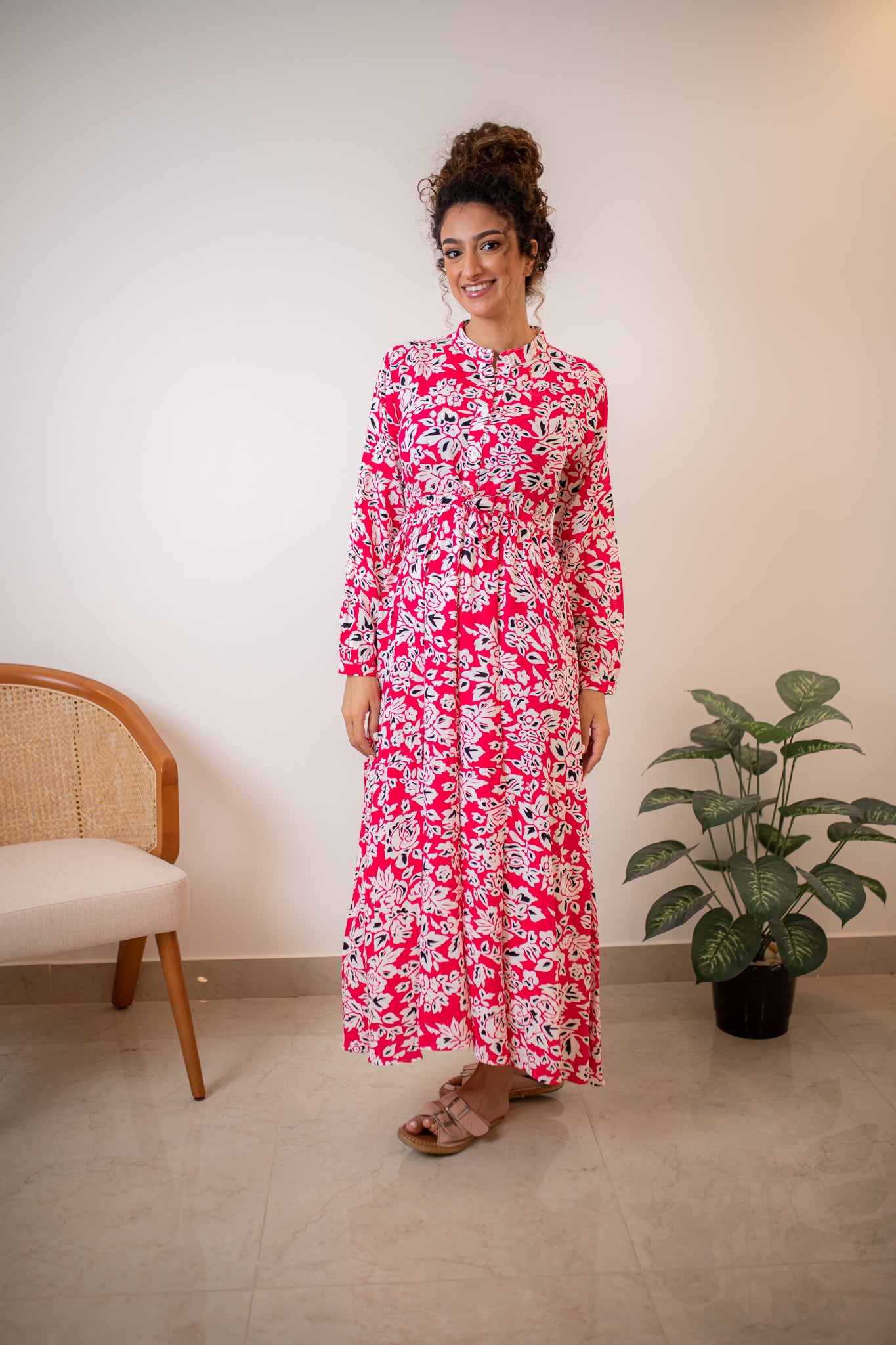 Fuchsia Patterned Dress With A Waist Belt - Instyle