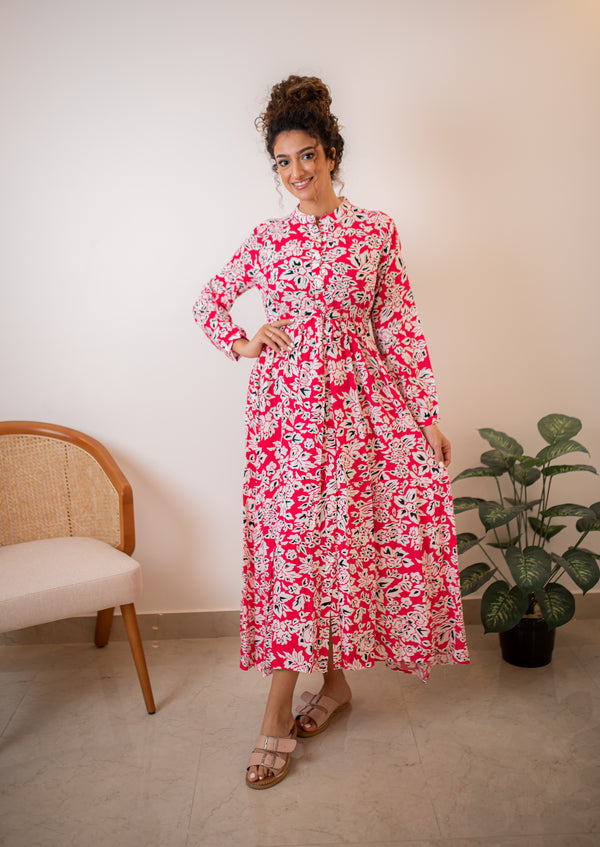 Fuchsia Patterned Dress With A Waist Belt - Instyle